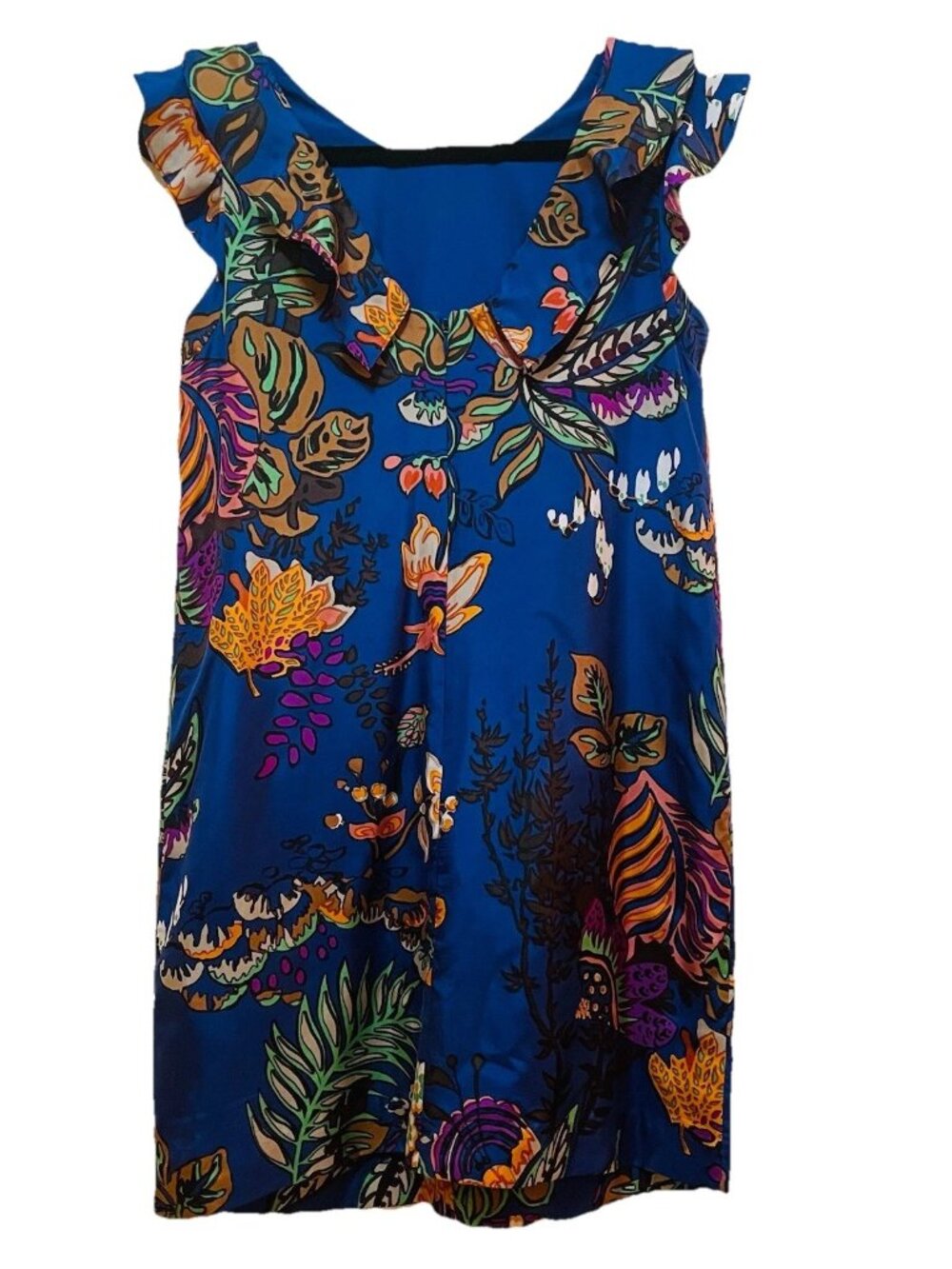 J. CREW Blue Tropical Floral 100% Silk Ruffle Dress Sz 4 - Picture 8 of 8